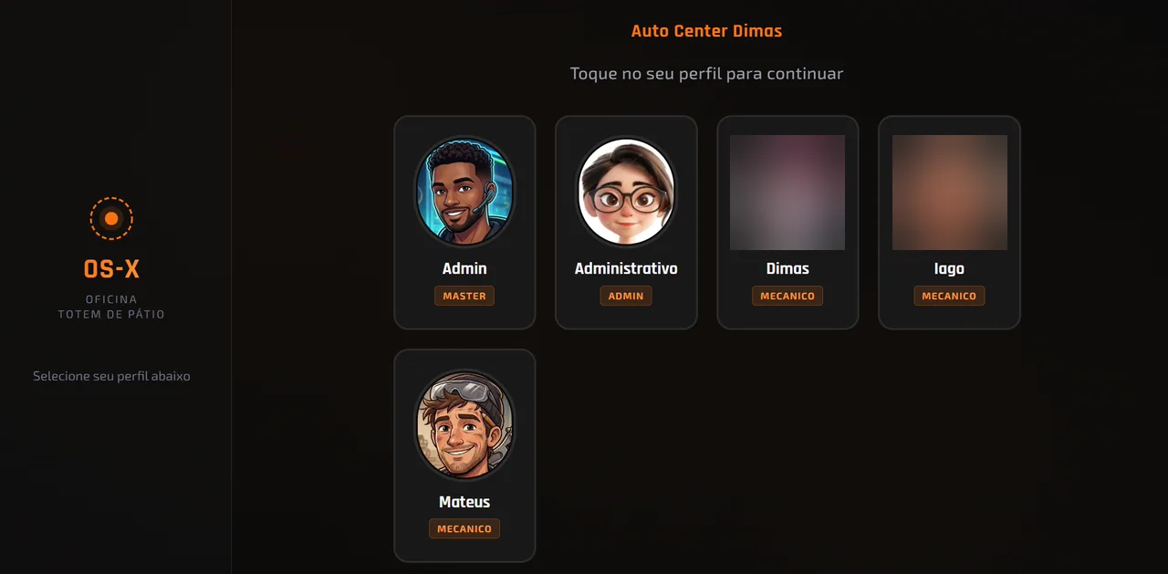 Totem de pátio do FastTrack — seleção de perfil da equipe